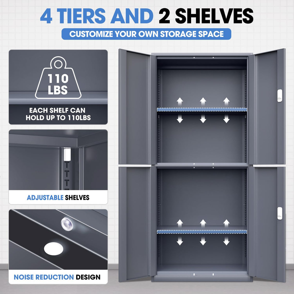 DNA MOTORING 71'' Metal Garage Storage Cabinet, Locking Tool Cabinet with 4 Doors and 2 Adjustable Shelves, Heavy Duty Metal Locker for Garage,Office,Home,Gym,Gray, TOOLS-00634-GY-GY-A DNA MOTORING