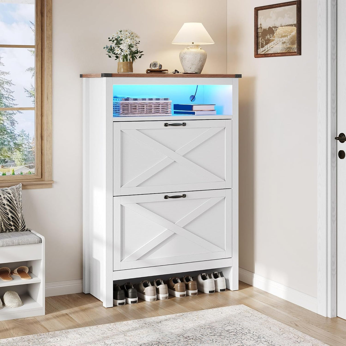 YITAHOME Shoe Cabinet with 2 Flip Drawers, Entryway Shoe Storage Cabinet with Open Shelves and Led Light, Free Standing Hidden Shoe Rack Storage Organizer for Entryway/Hallway/Closet, White YITAHOME