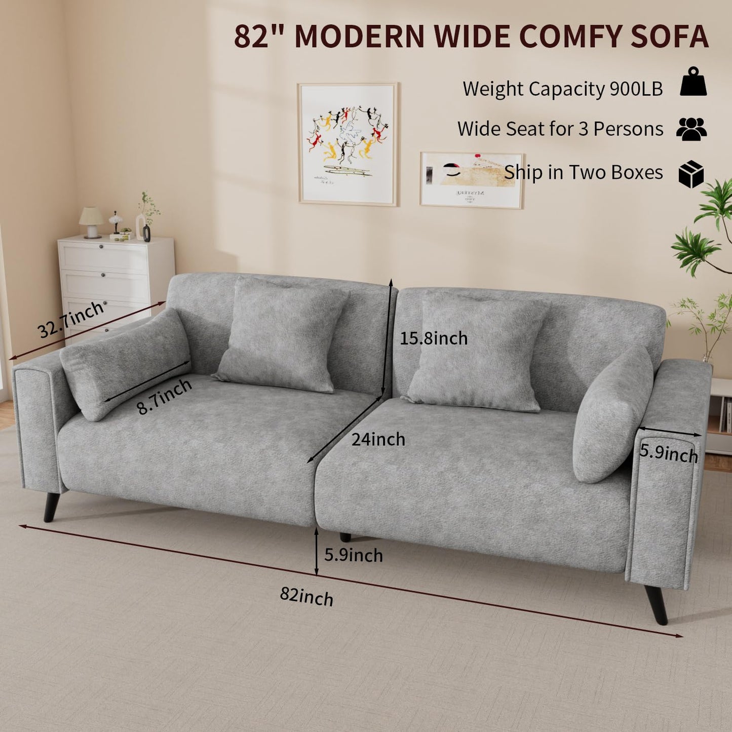 VOHOBY 82" Sofa Couch for Living Room, Modern Comfy Sofa with Extra Depth Seat and 2 Throw Pillow | 2 Armrest Pillow, 3 Seater Chenille Couches for Living Room Small Space, Gray