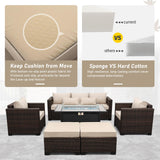 Oasishine 6 Pieces Outdoor Furniture 60000BTU Outdoor Propane Fire Pit Wicker Patio Furniture Set 45" Steel Fire Table Anti-Slip Cushions Waterproof Covers, Khaki Oasishine