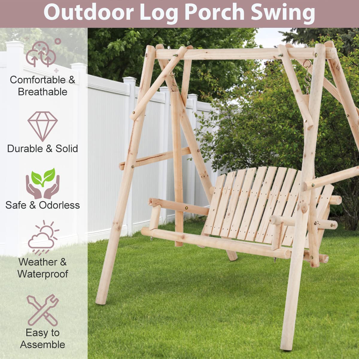 Outdoor Wooden Porch Swing 67 Inch Log Swing with Stand, A-Frame Yard Swing Set Patio Furniture Modern 2 Person Swing Sturdy Garden Bench Swing Rustic Curved Back Swing Chair for Adults - WoodArtSupply