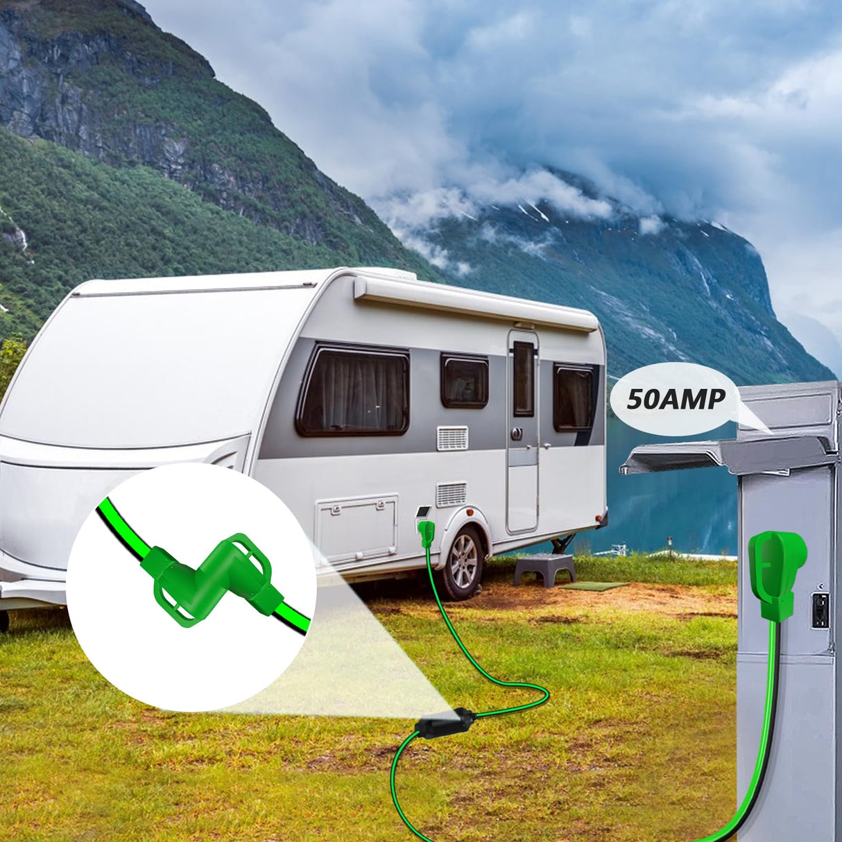 RVPLAN 25 FT 50 Amp RV/EV Extension Cord Outdoor Waterproof,4 Prong Flexible Heavy Duty STW RV Power Cord,NEMA 14-50P/R Standard Plug Suit for EV Charging and RV Trailer Campers, Black-Green,ETL RVPLAN