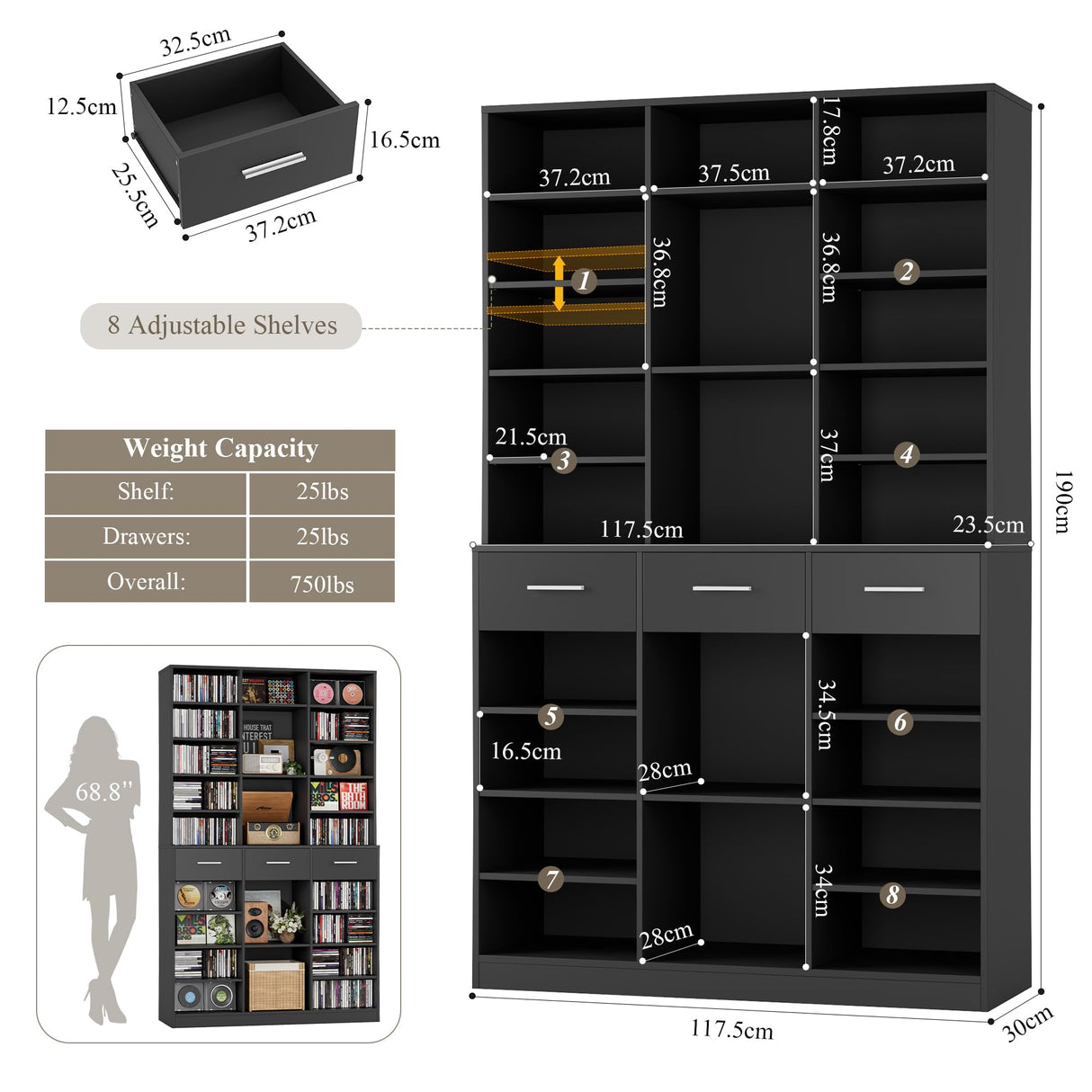 HOSTACK 75" Tall Book Shelf and Bookcase, 47" Wide Bookshelf with Drawers, Modern 9 Tier Bookcase with Storage, Large Wood Display Cabinet with Adjustable Shelves for Living Room, Home Office, Black HOSTACK