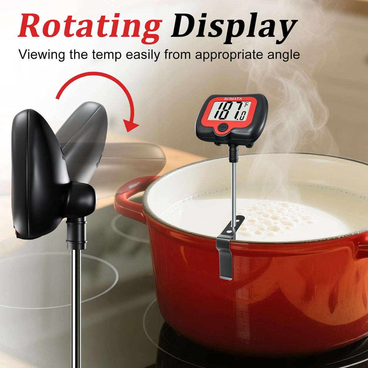 BOMATA Candy Thermometer with Pot Clip, Instant Read Cooking Thermometer with 8" Long Probe, Rotating Display, for Candy Making, Food, Candle Making, Liquids, Water, Baking, Sugar, Grilling. Black BOMATA