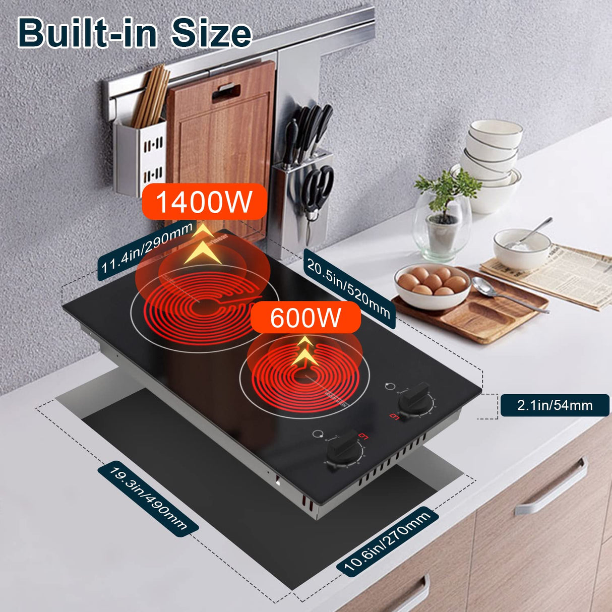 Karinear 110v Electric Cooktop 2 Burners, 12'' Electric Stove Top with Plug in, Knob Control Countertop & Built-in Ceramic Cooktop, 9 Heating Level, Hot Warning, Over-Temperature Protection Karinear