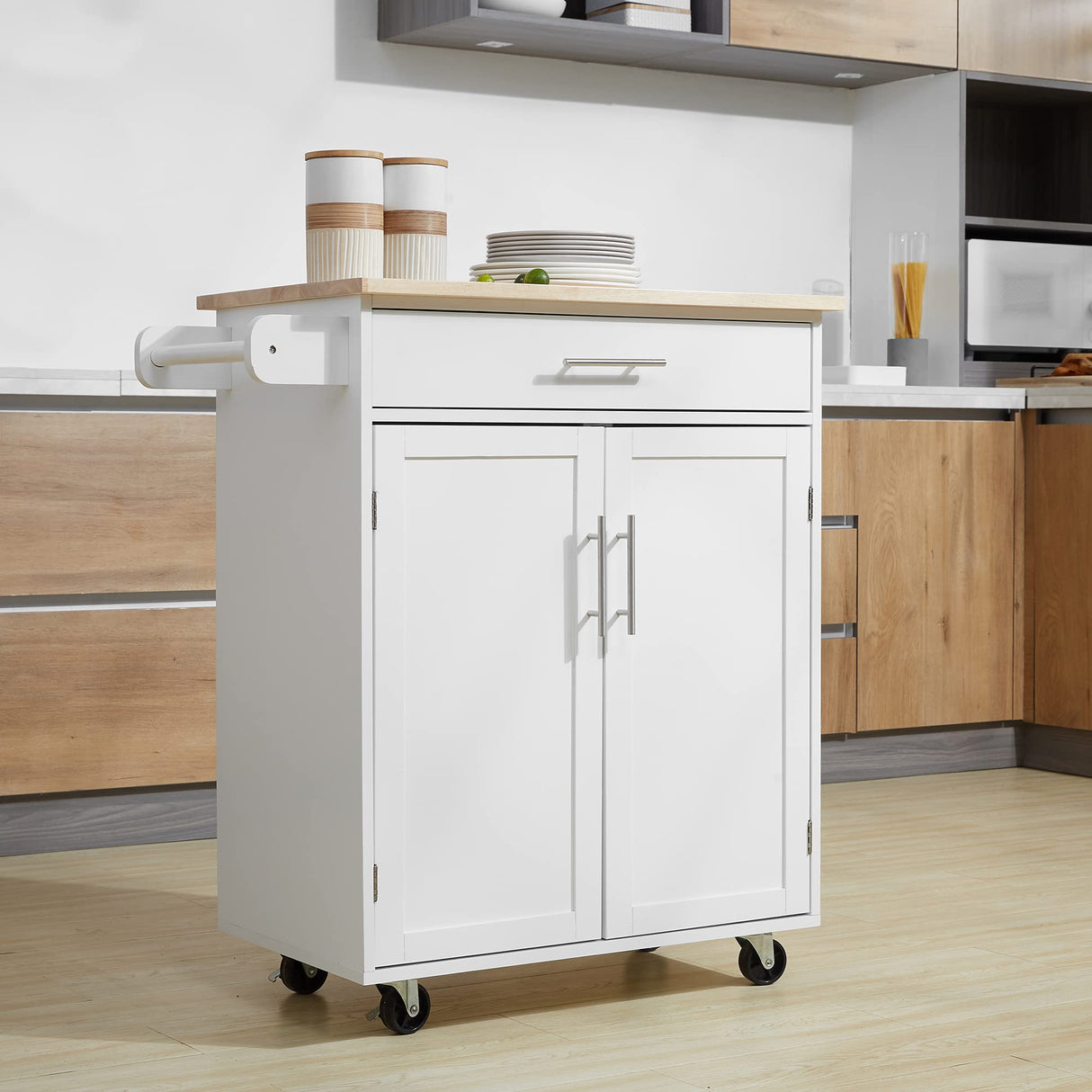 HOMCOM Kitchen Island Cart Rolling Trolley Cart with Drawer, Storage Cabinet & Towel Rack, White HOMCOM