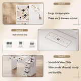 Makeup Vanity with Lights & Charging Station, White Vanity Table with 5 Drawers & Open Storage Shelves, Vanity Desk with Mirror & Lights, Dressing Table Set, Bedroom Makeup Table Set Black Handle TOKSOM