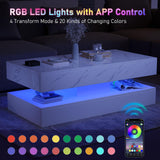 HOMFAMILIA LED Coffee Table with 2 Storage Drawers, Modern High Gloss White Coffee Table w/20 Colors LED Lights, 2 Tiers Rectangle Center Table for Living Room with Marbling Print, APP Control, White HOMFAMILIA