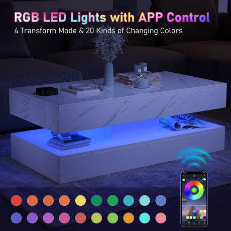 HOMFAMILIA LED Coffee Table with 2 Storage Drawers, Modern High Gloss White Coffee Table w/20 Colors LED Lights, 2 Tiers Rectangle Center Table for Living Room with Marbling Print, APP Control, White HOMFAMILIA