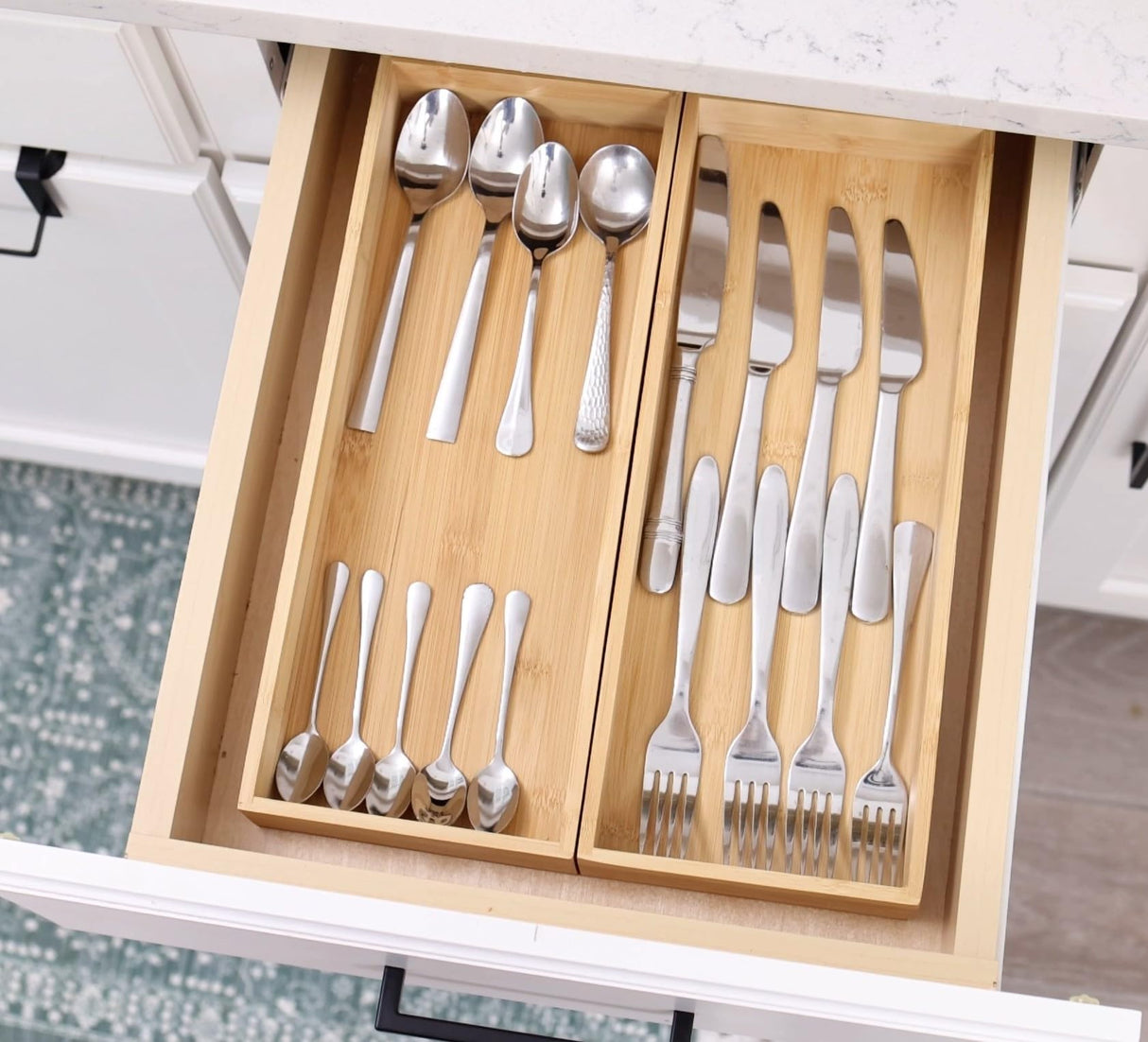 Fabsome Kitchen Utensil Drawer Organizer, Bamboo Silverware Cutlery Flatware Organizer Bins, Wooden Container Storage Trays for Bathroom Vanity Junk Drawer, 15" x 6" Set of 2 Fabsome