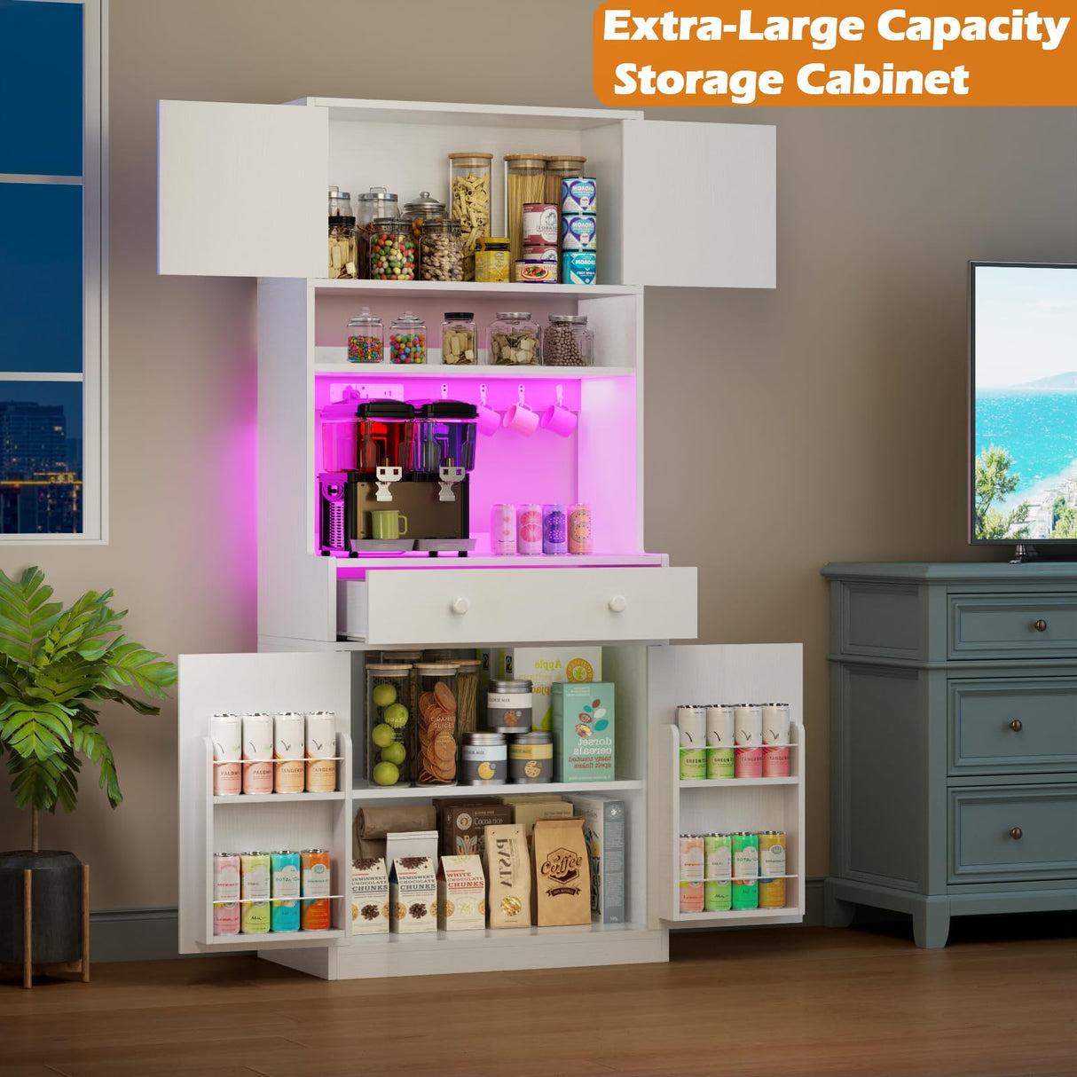 Korfile 71" Tall Food Pantry Cabinet with Power Outlet LED Light, Kitchen Storage Cabinet with 4 Doors, Hutch with Microwave Stand, Cupboard with Drawers for Kitchen, Dining Room, White Korfile