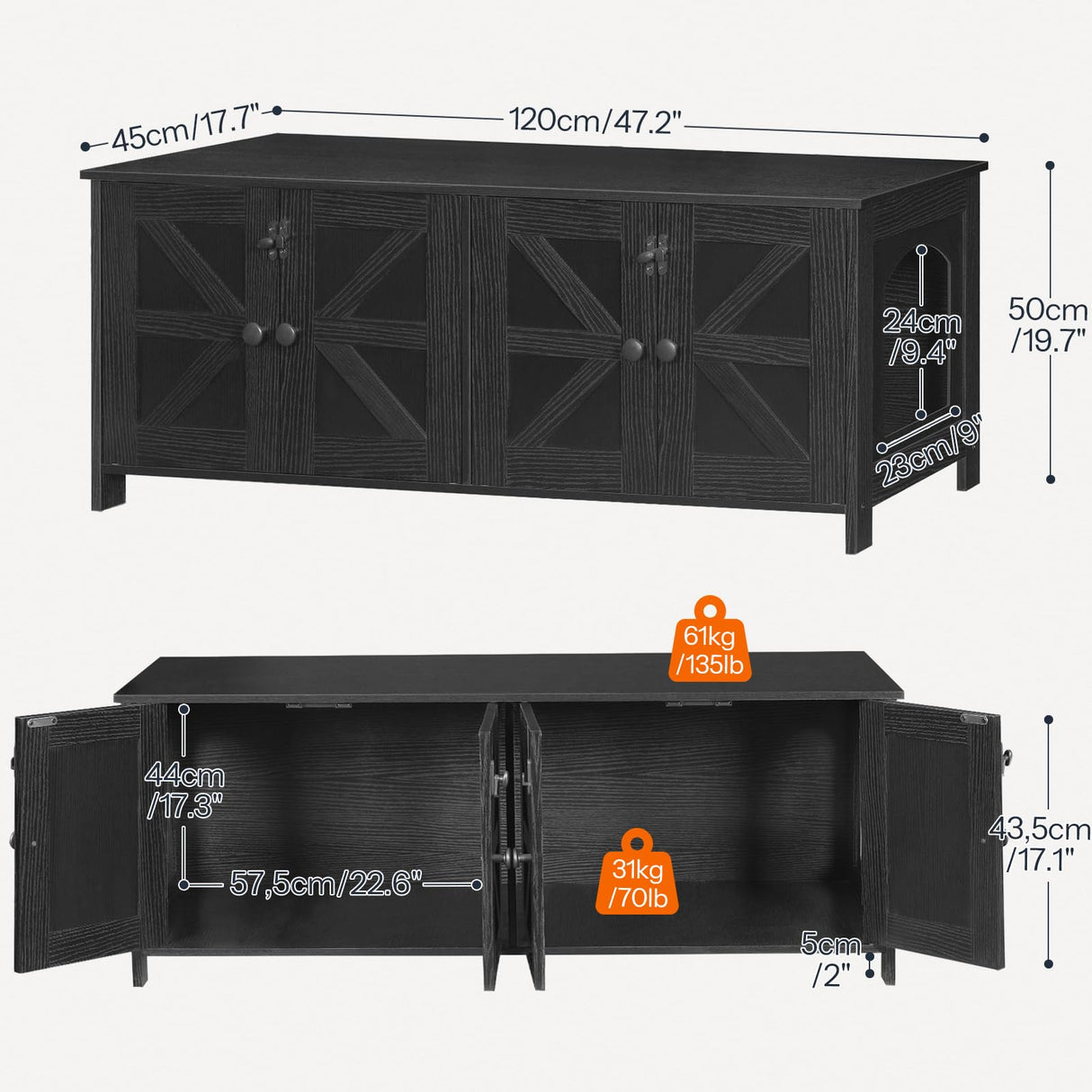 HOOBRO Cat Litter Box Enclosure for 2 Cats, Hidden Litter Box Furniture, 47.2 x 17.7 x 19.7 Inches, Wooden TV Stand with Dual Room, Large Cat House for 2 Cats, Black BK32MW01G1 HOOBRO