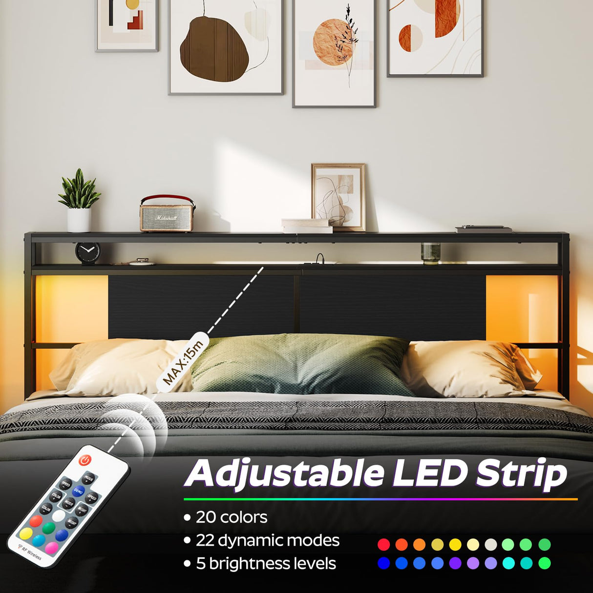 YATINEY King Size Headboard, Headboard with Light and Outlets, Headboard with 2 Storage Shelves, Storage Rack, Adjustable Height, Sturdy and Stable, Easy Assembly, Black YATINEY