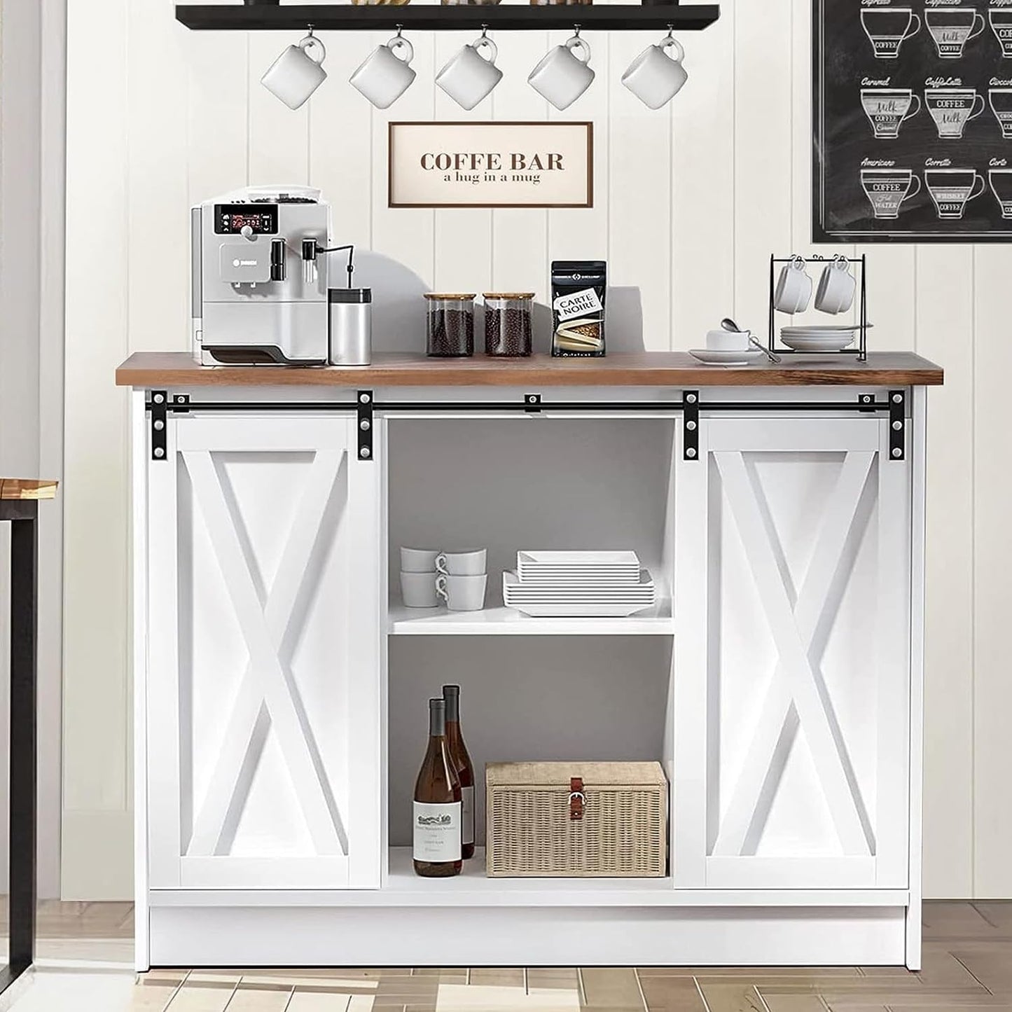 4ever2buy Farmhouse Coffee Bar Cabinet, 42’’ Kitchen Buffet Cabinet with Storage, White Buffet Cabinet with Sliding Barn Door, Coffee Bar Table with Adjustable Shelf for Living Dining Room