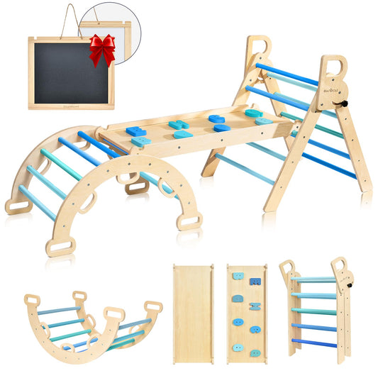 BlueWood Pikler Triangle Set, Foldable Wooden Climbing Toys Set, Indoor Playground Jungle Gym, Montessori Climbing Set for 2-6 Years Old, Toddlers, Baby, Kids (Sky Blue)