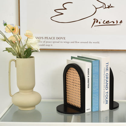 Rattan-Arch Inspired Bookends - 9" Sturdy Black Metal Book Stoppers with Non-Skid Base, Distinctive and Contemporary Large Book Holders for Organizing and Decorating Bookshelves