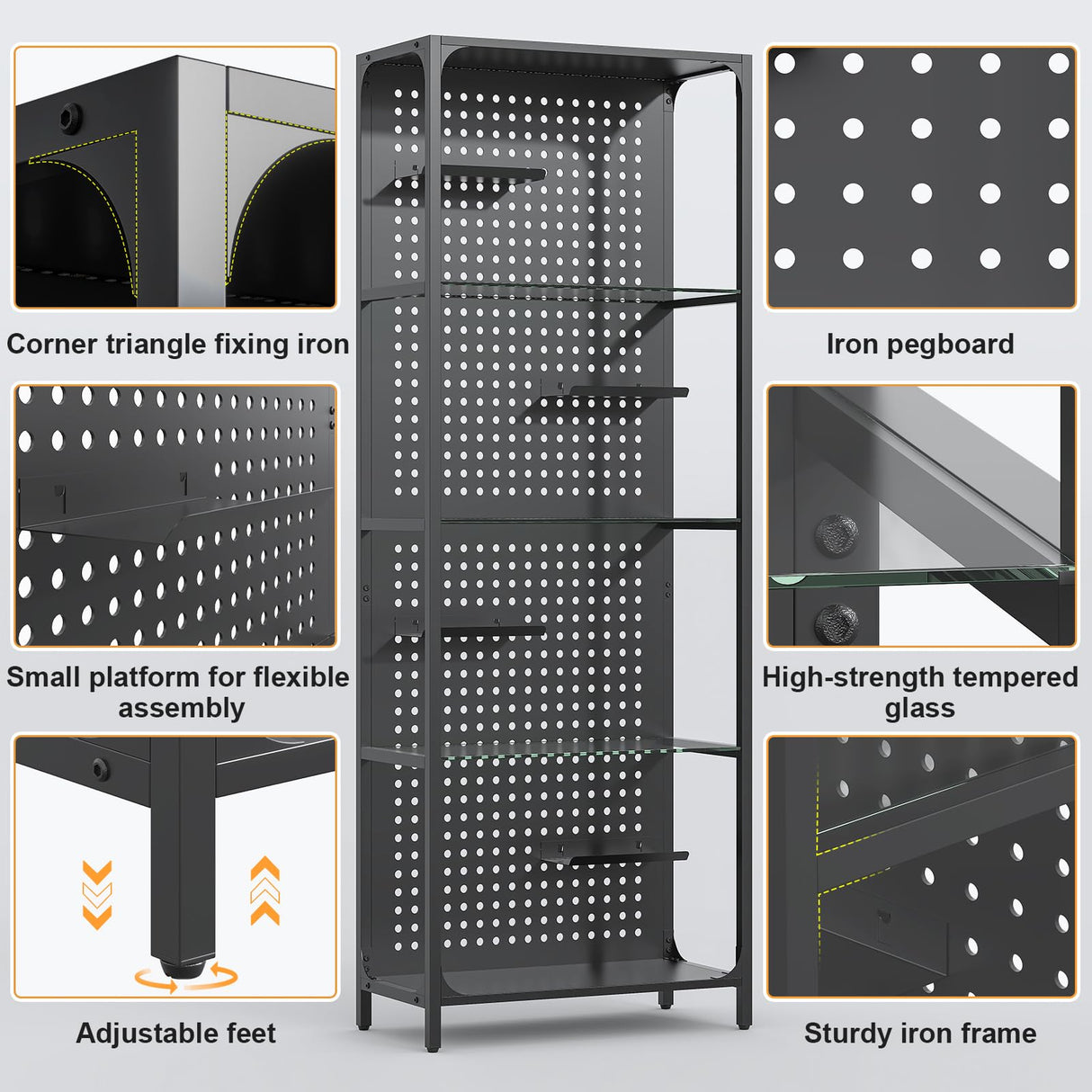 Saudism Glass Display Shelf for Collectibles, LED Black Shelf, Curio Cabinet, Lighted Tall Narrow Shelf with Pegboard Steel Frame for Gaming Room, Floor Lamp with Shelf, Living Room, Bedroom, Large Saudism