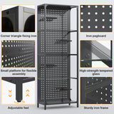 Saudism Glass Display Shelf for Collectibles, LED Black Shelf, Curio Cabinet, Lighted Tall Narrow Shelf with Pegboard Steel Frame for Gaming Room, Floor Lamp with Shelf, Living Room, Bedroom, Large Saudism