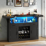 Loomie Bar Table Cabinet with LED & 3 Drawers,Liquor Bar with Adjustable Storage Shelves & Stemware Holders, Crescent Shaped Counter for Home Pub, Wine Alcohol Bar Stand with Door & Wine Rack (Black) Loomie