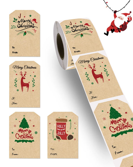 300 Pcs Self Adhesive Christmas Tag Stickers, 2 x 3 Inch Kraft Gift Tags, Xmas Stickers for Decorative Greeting Cards, Envelopes & Gift Wraps GOYOMI