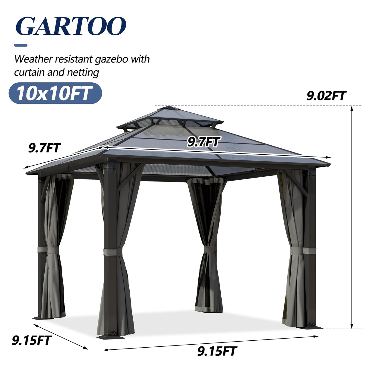 GARTOO 10x10FT Polycarbonate Hardtop Gazebo with Double Roof - Heavy-Duty Steel Frame Gazebo with Breathable Netting & Privacy Curtain for Patio, Porch, Garden, Lawn, Deck, Backyard GARTOO