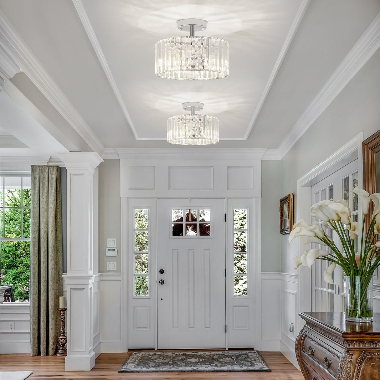 TOULMJ 3-Light Crystal Semi Flush Mount Ceiling Light, Modern Chrome Crystal Round Close to Ceiling Light Fixture for Bedroom Kitchen Island Hallway Foyer Entryway, Chrome Finish TOULMJ