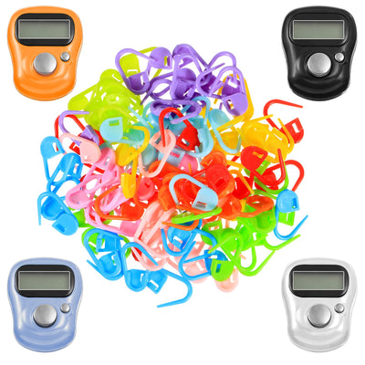 Kingdder 4 Pcs Stitch Counters LCD Finger Digital Row Counter with 100 Pcs Crochet Stitch Marker for Crocheting and Knitting Sewing Weaving, Resettable Finger Counter for Crochet, Knitting, Score, Lap