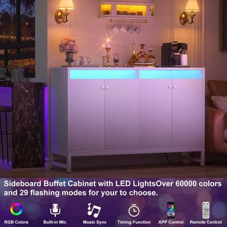 Aheaplus Sideboard Buffet Cabinet with Power Outlet, Kitchen Storage Cabinet with LED Light & Doors, Accent Cabinet Cupboard Buffet Table with Storage for Dining Room, Living Room, Hallway, White Aheaplus