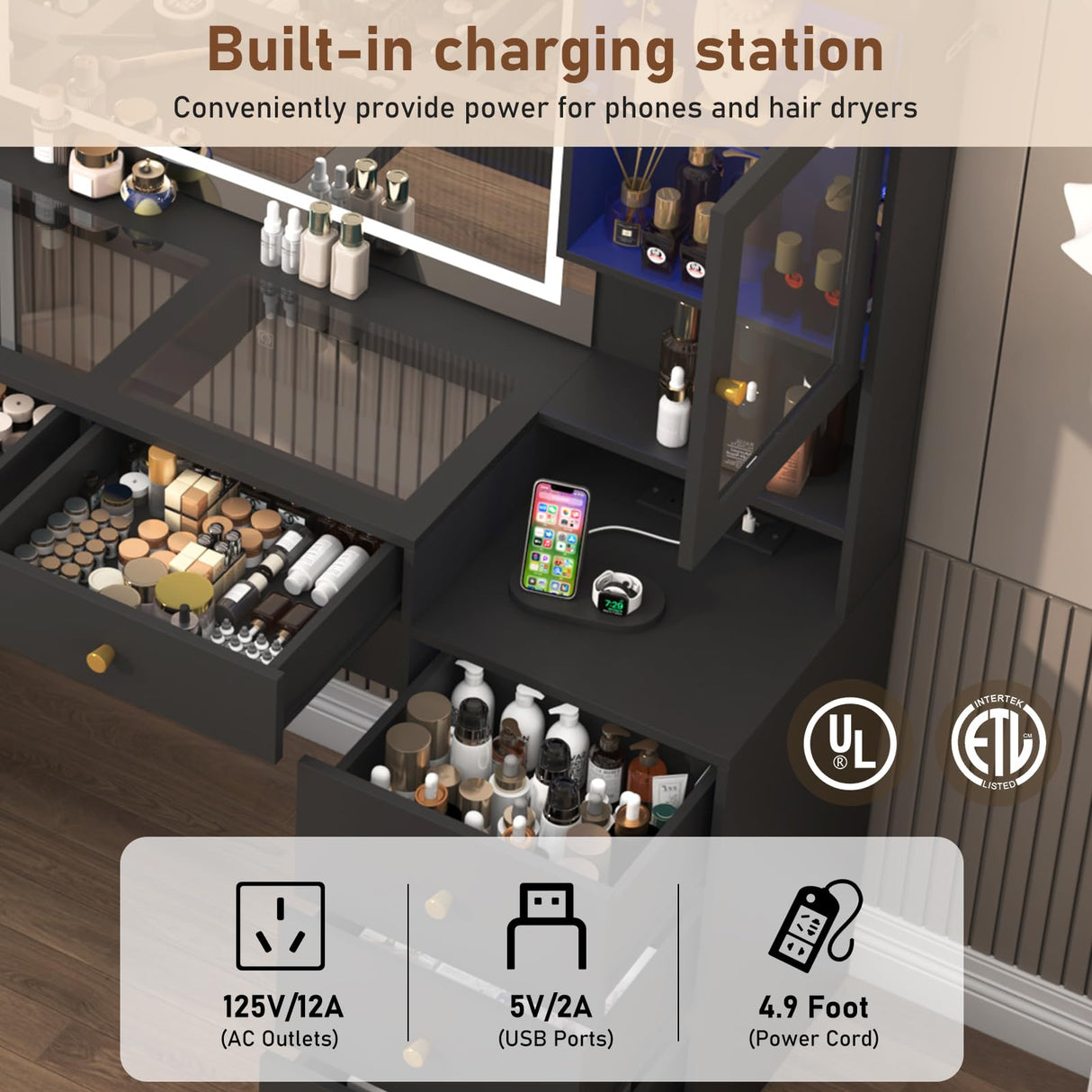 62" Large Black Vanitys Desk w/ Tempered Glass Top,60000-color LED Lights,Power Outlet, Make up Vanity w/ 3 Lights Mode LED Mirror,9 Drawers,2 RGB Cabinet LED Vanity Table for Women,Girls chartustriable