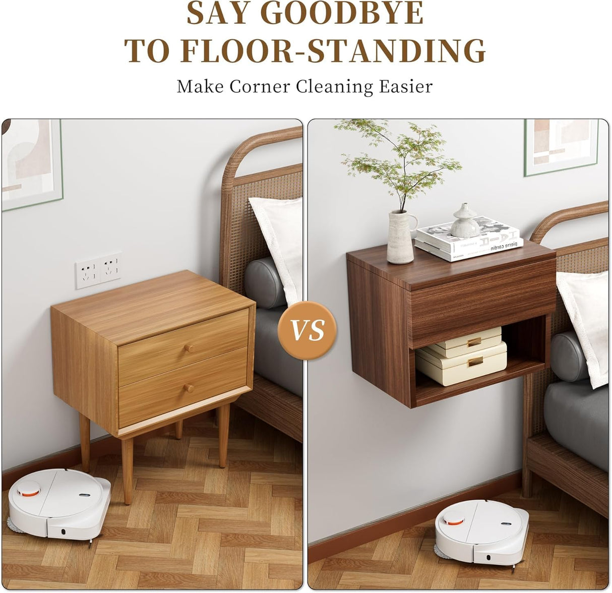 Floating Nightstand, Modern Wall Mounted Bedside Table with Drawer, Wood Bedside Shelf & Desk, End Table Wood Modern Night Stand for Bedroom (Walnut QD1, Set of 2) Kiseely