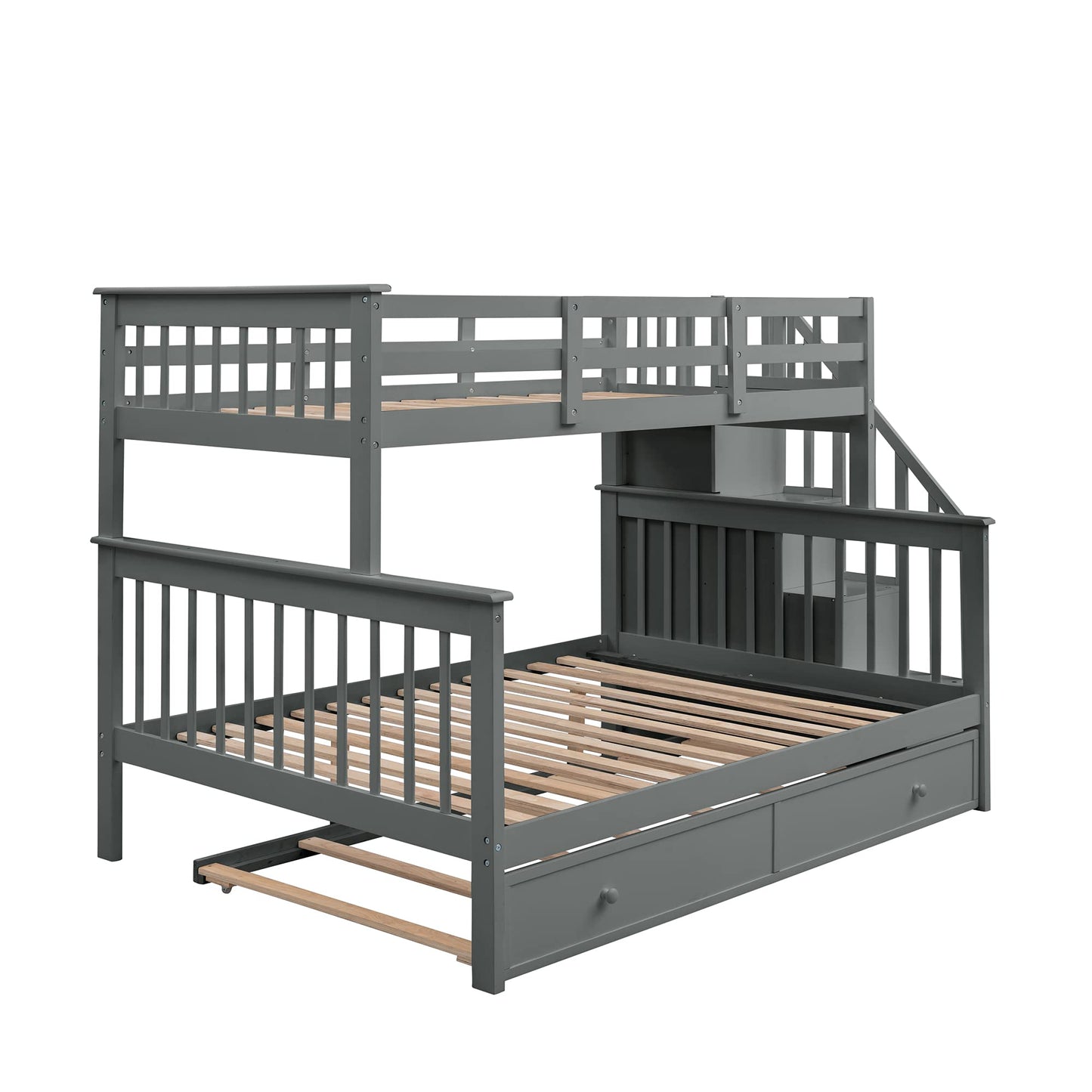 MERITLINE Twin Over Full Bunk Bed with Twin Size Trundle, Wooden Bunk Bed with Stairway, Storage and Guard Rail for Kids, Adults (Gray)