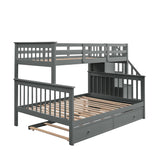 MERITLINE Twin Over Full Bunk Bed with Twin Size Trundle, Wooden Bunk Bed with Stairway, Storage and Guard Rail for Kids, Adults (Gray) MERITLINE