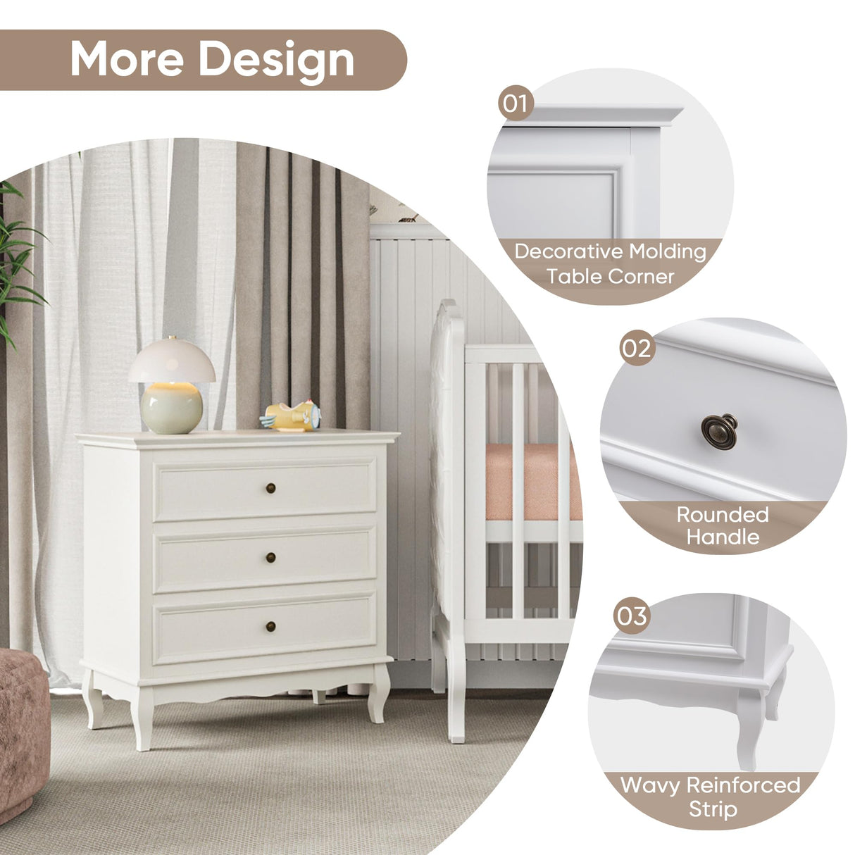 RoyalCraft White 3 Drawer Dresser for Bedroom, Wide Chest of Drawers with Ball Bearing Slide, Modern Wood Dresser Wide Nightstand Cabinet for Living Room RoyalCraft