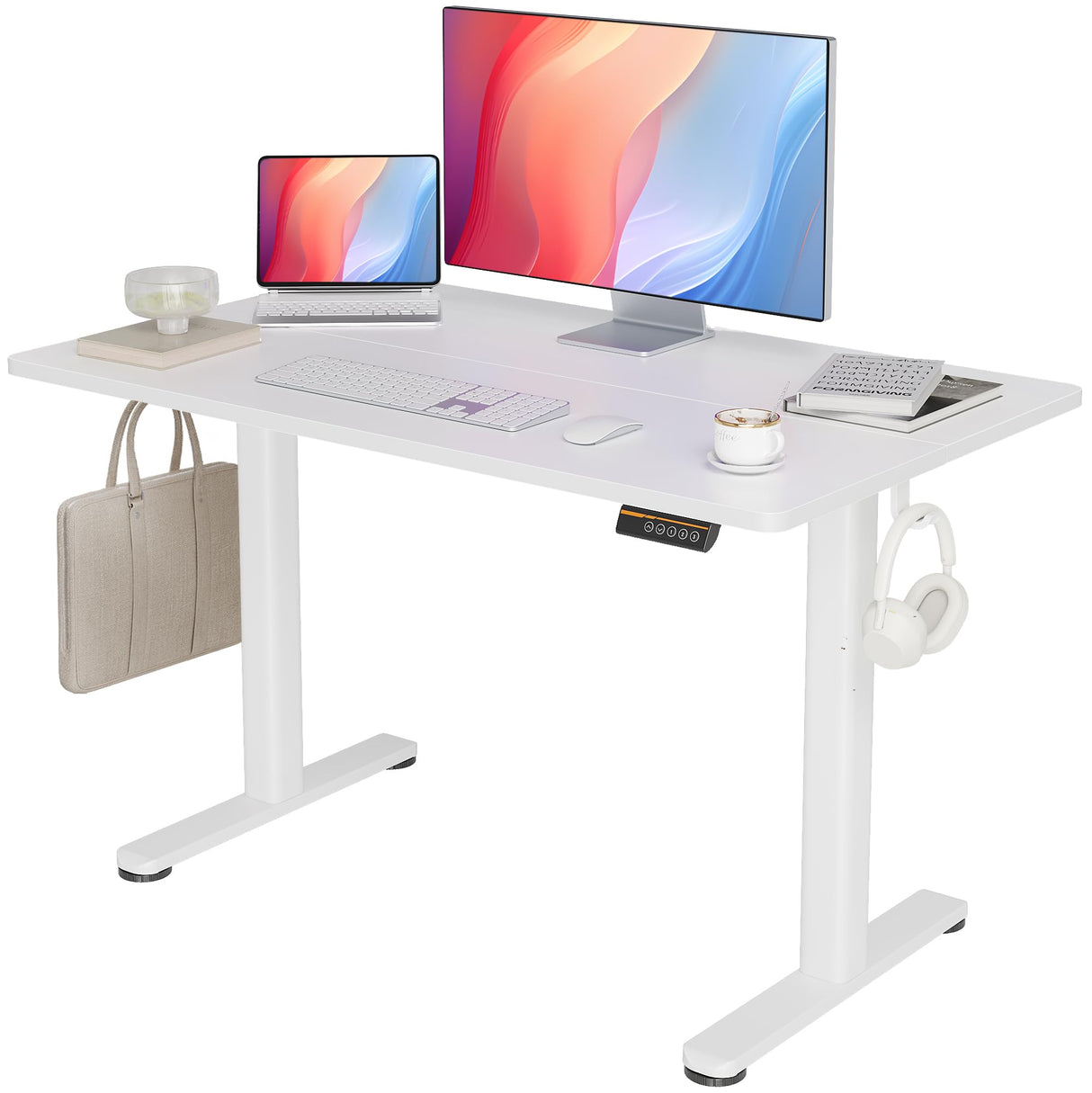 Seang Electric Standing Desk with Adjustable Height, 48x24 Inch Stand Up Desk, Sit Stand Desk with Splice Board for Home Office Computer Workstation, White Frame/White Top Seang
