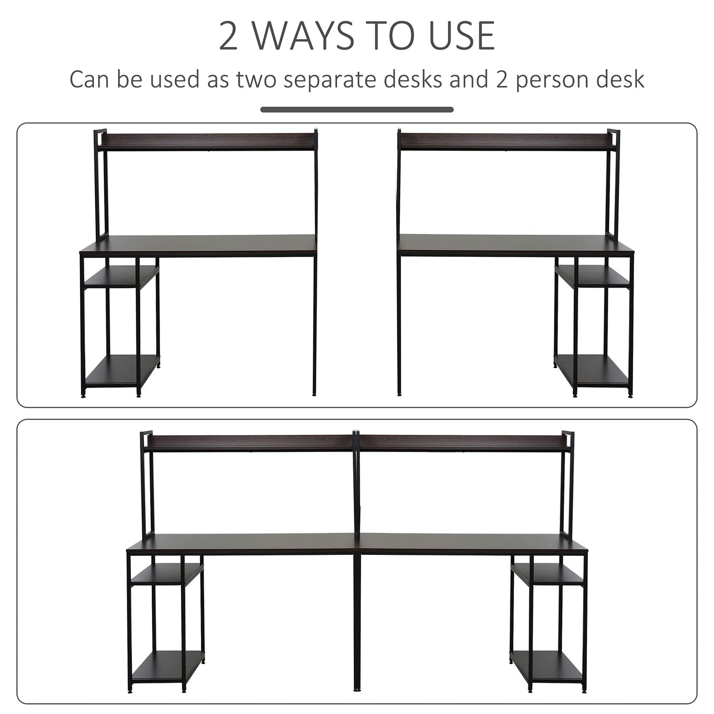 HOMCOM 94.5in Industrial Double Computer Desk with Hutch and Storage Shelves, Extra Long Two Person Home Office Desk, Writing Table Workstation for 2 People with CPU Stand, Brown Wood Grain - WoodArtSupply