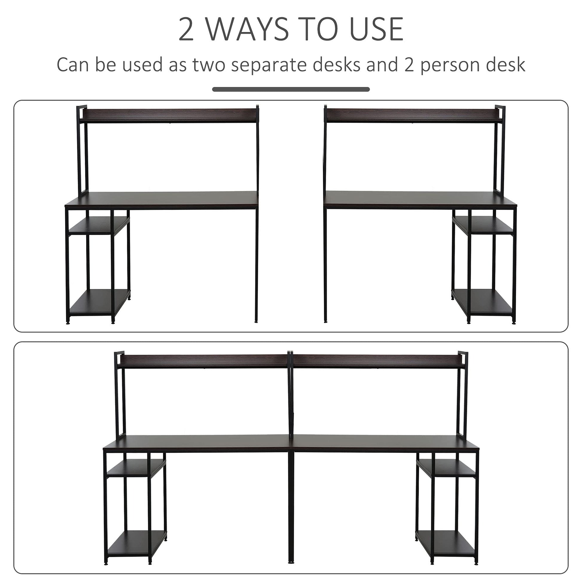 HOMCOM 94.5in Industrial Double Computer Desk with Hutch and Storage Shelves, Extra Long Two Person Home Office Desk, Writing Table Workstation for 2 People with CPU Stand, Brown Wood Grain - WoodArtSupply