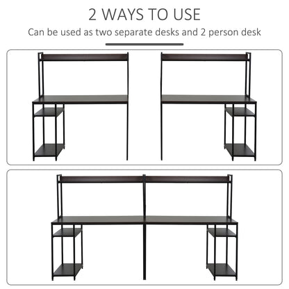 HOMCOM 94.5in Industrial Double Computer Desk with Hutch and Storage Shelves, Extra Long Two Person Home Office Desk, Writing Table Workstation for 2 People with CPU Stand, Brown Wood Grain - WoodArtSupply