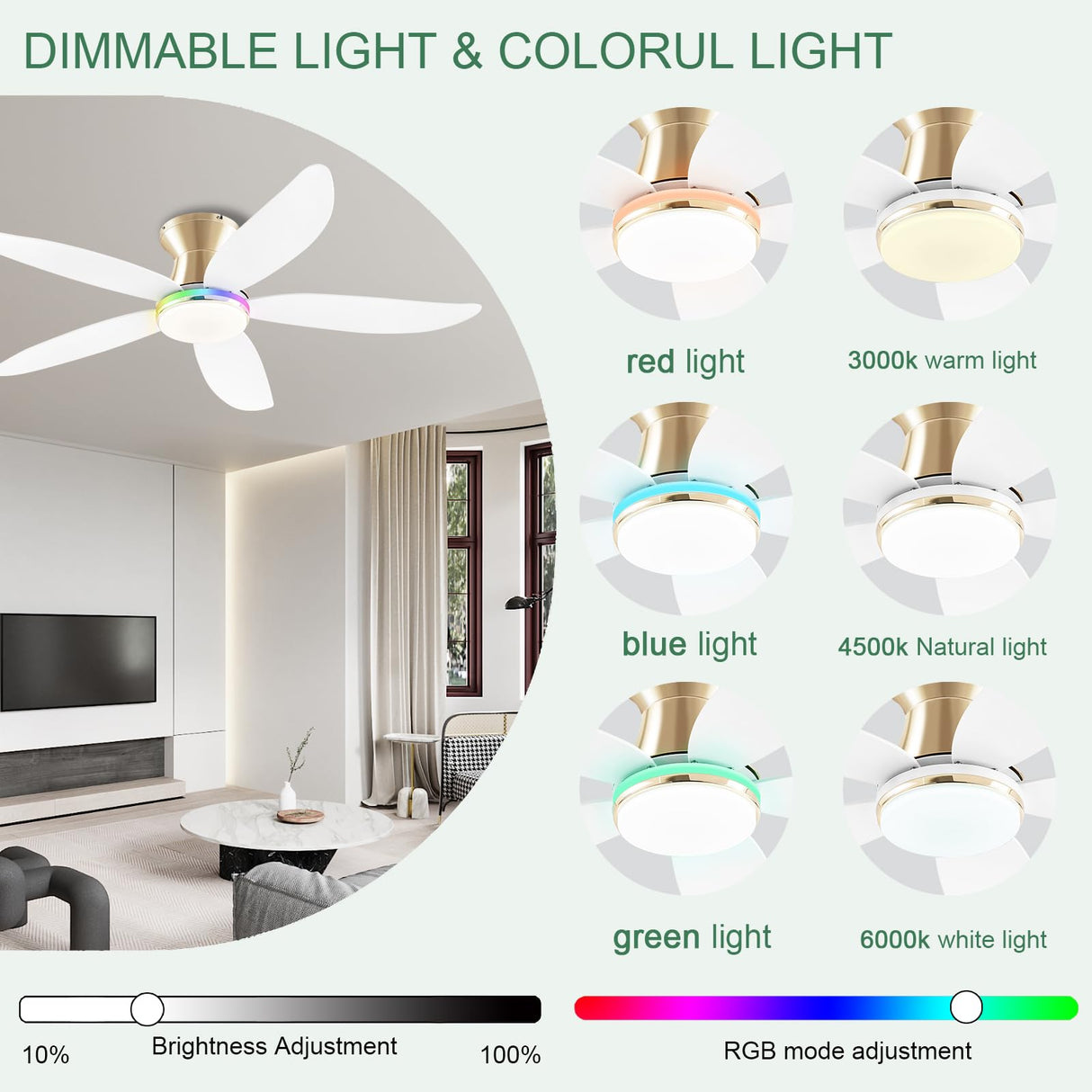 JSAITEE Ceiling fan with light, 48" RGB Low Profile Ceiling fans with Lights and Remote Control, Dimmable, DC Reversible Motor, Noiseless, 6 Speeds Flush Mount White Ceiling Fan for Bedroom JSAITEE