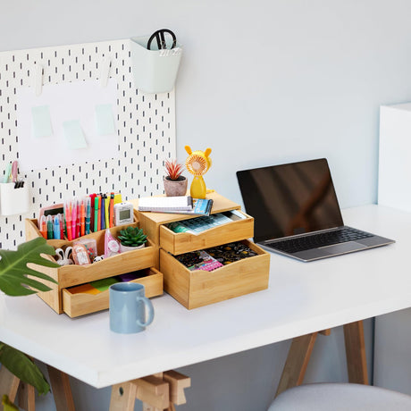 Yopay 2 Pack Bamboo Desk Organizer, Stackable Desktop Organizer with 3 Drawers, 100% Bamboo Office Tabletop, Countertop Organization for Stationery, Makeup Vanity, Fully Assembled Yopay