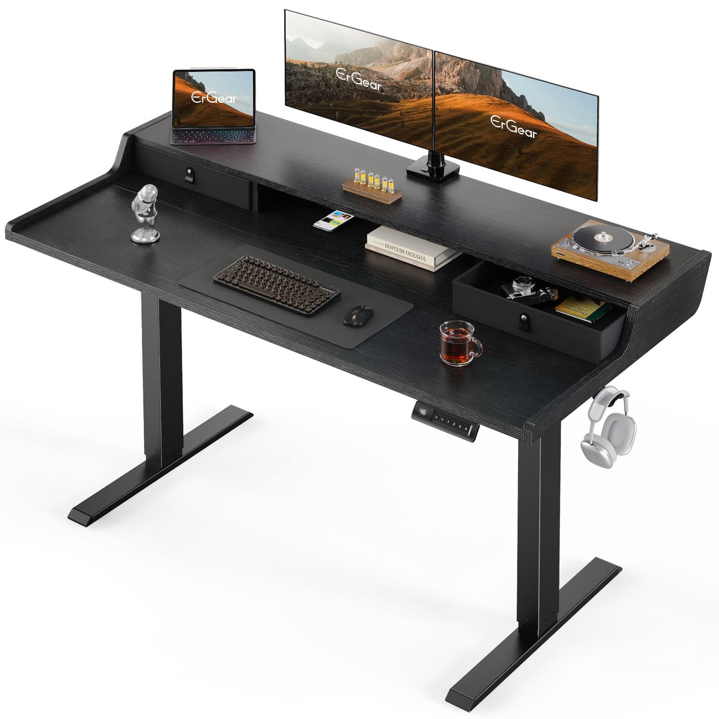 ErGear Electric Standing Desk with Drawers, 55″ x 28″ Gaming Desk with Monitor Stand, C-Clamp Mount Compatible, Home Office Height-Adjustable Desk with Storage Shelf, 4 Preset Heights, Black, - WoodArtSupply