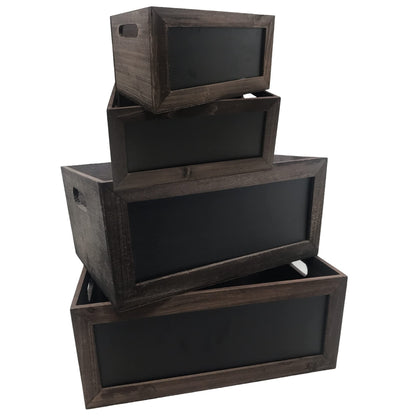 Set of 4 Rustic Brown Wood Nesting Storage Crates | Chalkboard Front Panel | Cutout handles | Ideal for Storage, Decoration, Party , Kitchen, Office and More