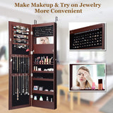 Giantex LED Jewelry Cabinet Wall Mounted Door Hanging, Lockable Jewelry Armoire with 47.2'' Full Length Mirror, Foldable Makeup Tray, Lipstick Brush Holders, Jewelry Storage Organizer (Brown) Giantex