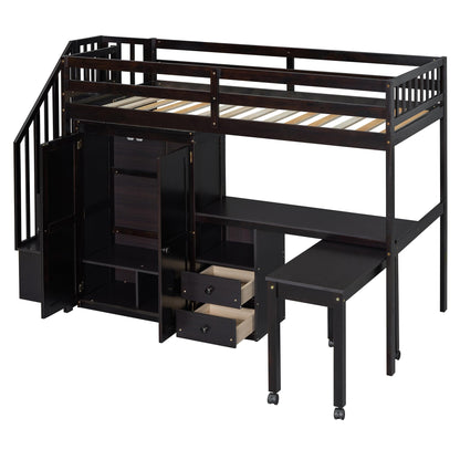 Harper & Bright Designs Twin Size Loft Bed with Stairs and Bookshelf, Wood Twin Storage Bed with Desk & Wardrobe, Space-Saving Multifunctional Furniture for Kids & Teens - Espresso