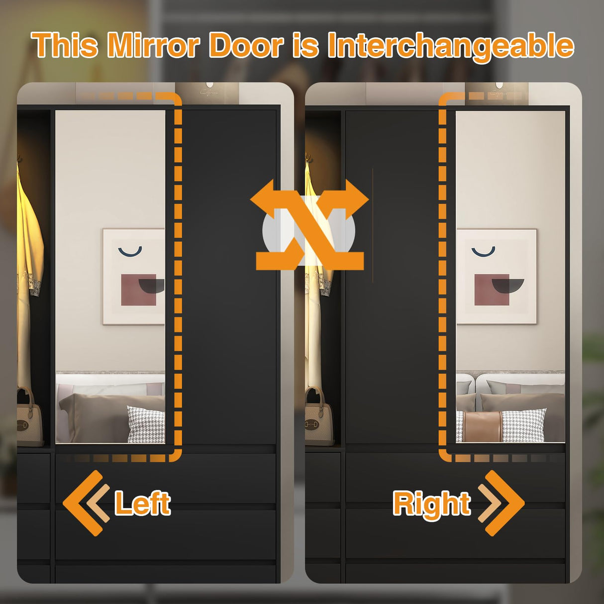 Armoire Wardrobe Closet with Mirror Door and LED Light, Bedroom Armoire with 6 Drawers, Modern Wooden Large Wardrobe Closet with Shelves, Wooden Armoire with Hanging Rod for Bedroom(Black) CORAZAZA