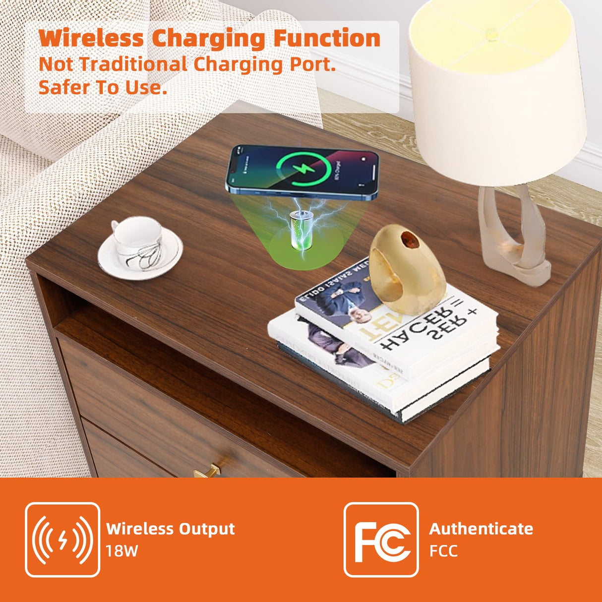 AILEEKISS Nightstands Set of 2 with Wireless Charging Function Wooden Night Stands 2 Sets with Drawers and Open Shelf Storage End Table Home Bedside Table for Bedroom (Brown 2 Sets) AILEEKISS