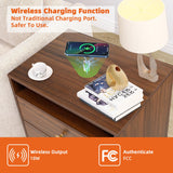 AILEEKISS Nightstands Set of 2 with Wireless Charging Function Wooden Night Stands 2 Sets with Drawers and Open Shelf Storage End Table Home Bedside Table for Bedroom (Brown 2 Sets) AILEEKISS