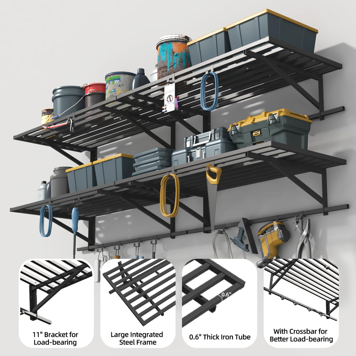 ZHNSYDN 2-Pack 2x4ft Garage Shelving Wall Mounted, Heavy Duty Garage Storage Shelves with 12 Hooks, 2' x 4' Wall Mount Shelves with 500LBS Capacaity ZHNSYDN