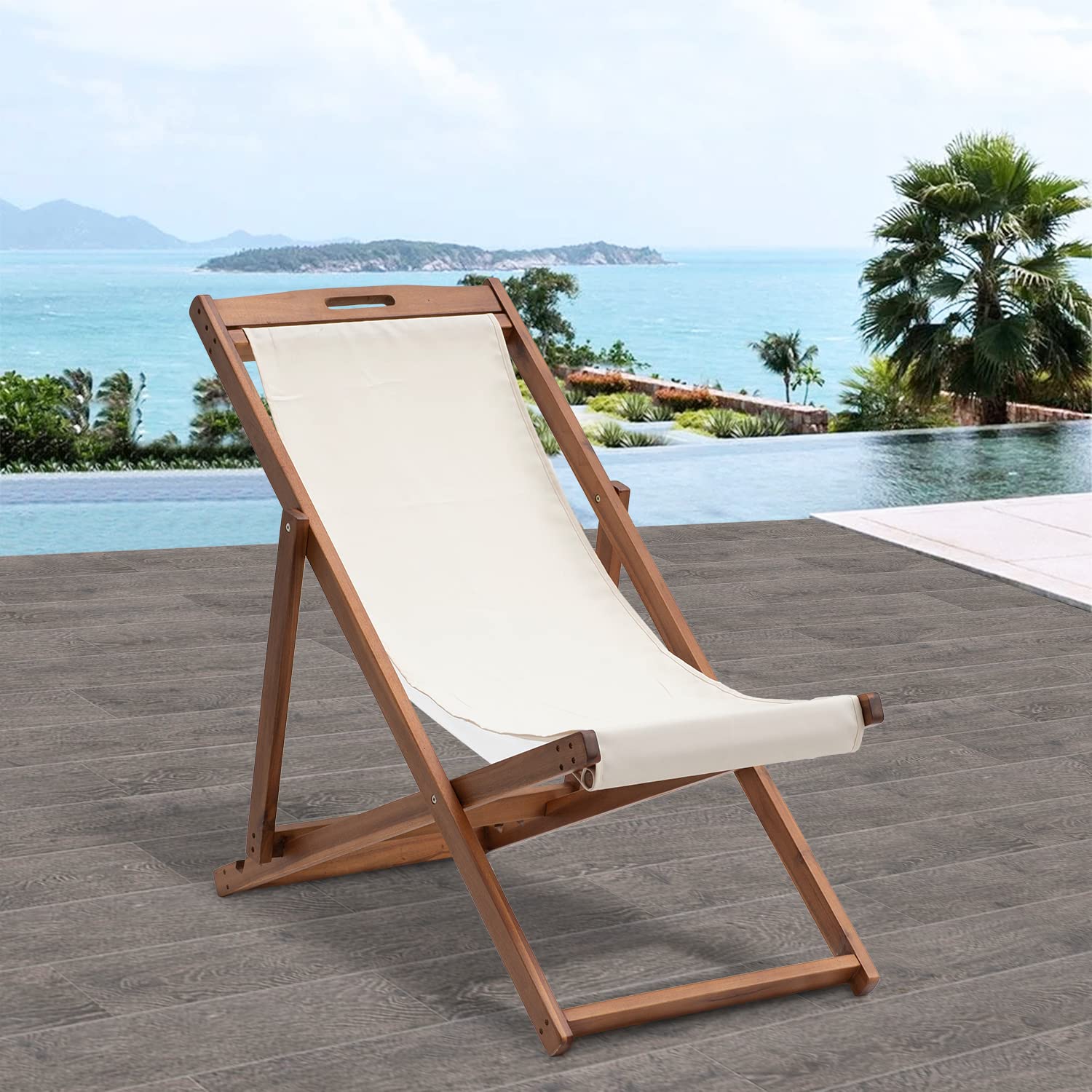 Outdoor Wooden Patio Lounge Chair 2 Set Beach Sling Chair Set Height Portable Reclining Beach Chair Solid Wood Frame with White Polyester Canvas 3 Level,Khaki - WoodArtSupply