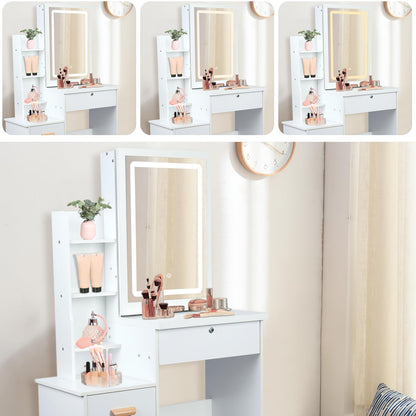 cdar Makeup Vanity Desk with Mirror and Lights, Multifunctional 3 Colour Light Modes Bedroom Dressing Table wih Drawers Shelves Chair Wooden Handles - WoodArtSupply