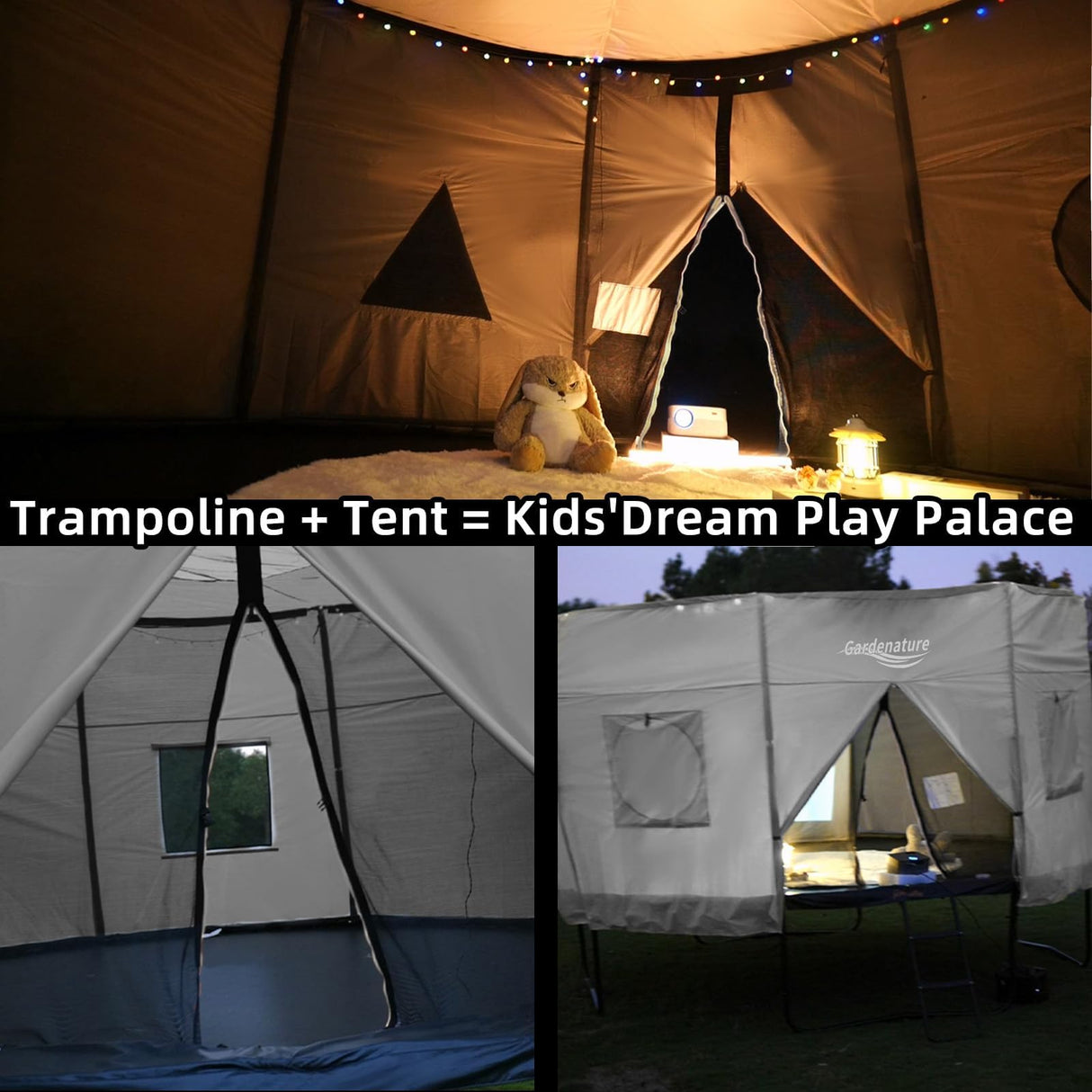 Gardenature 12FT Trampoline Tent for Kids(Tent Only),Fit for 8 Straight Poles Round Trampoline,Trampolien Shade Cover with LED Light,Outdoor Trampolien Accessories Canopy,Anti-Tear,Camping,Gray Gardenature